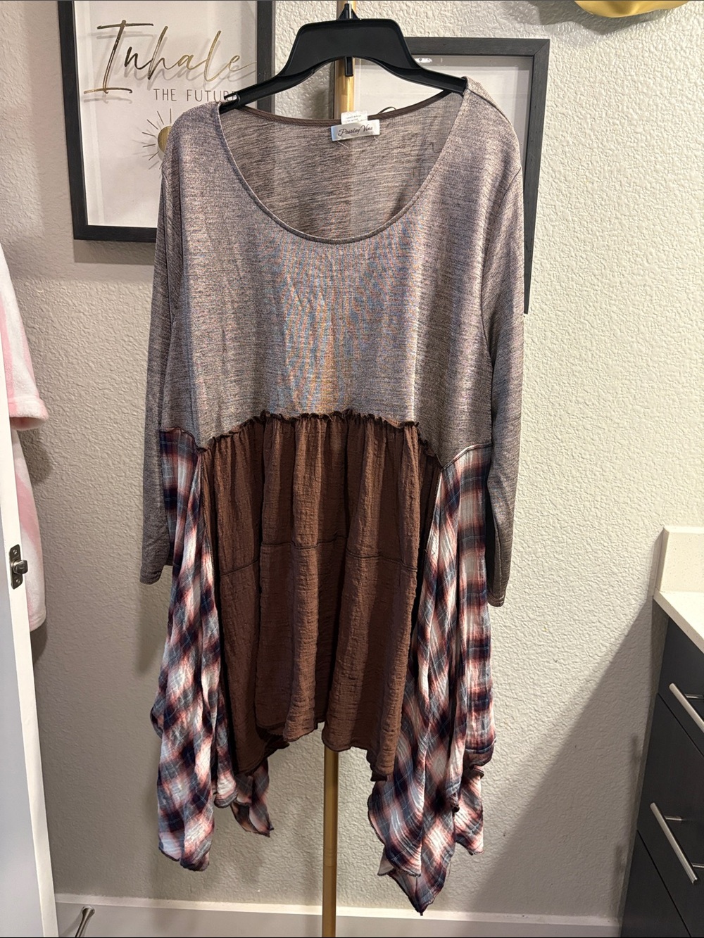 Boho Mixed-Media Tunic Top in Gray and Brown